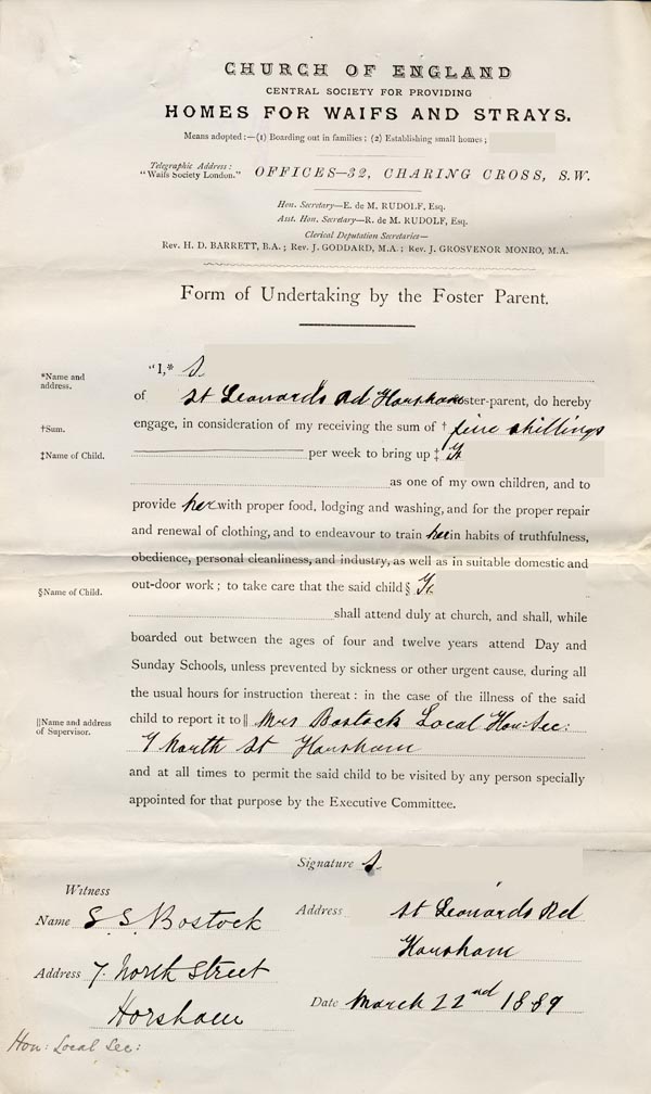 Large size image of Case 1265 7. Form of Undertaking by the Foster Parent 22 March 1889
 page 1