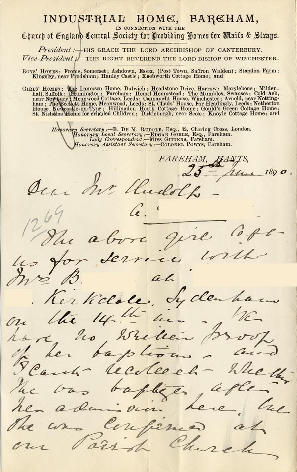 Large size image of Case 1269 4. Letter from Fareham 23 June 1890
 page 1