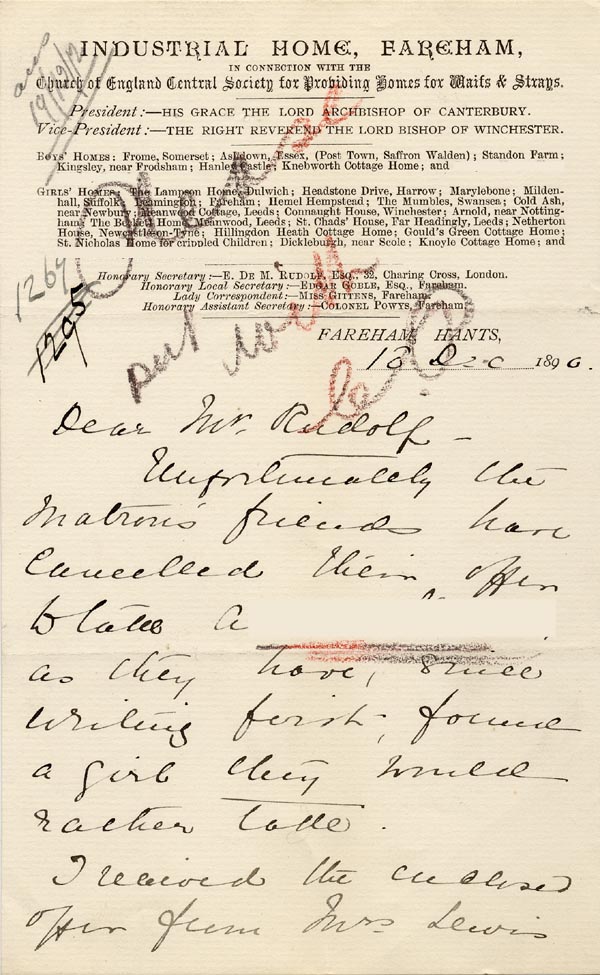 Large size image of Case 1269 7. Letter from Fareham 13 December 1890
 page 1