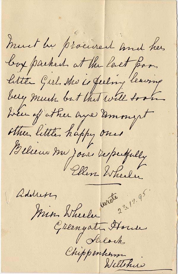 Large size image of Case 1294 5. Letter from Miss Wheeler to Revd Edward Rudolf  4 November 1895 
 page 2