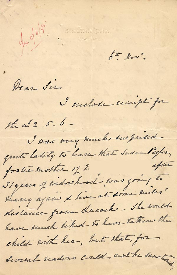 Large size image of Case 1294 6. Letter from Mrs Bere to Revd Edward Rudolf  6 November 1895
 page 1