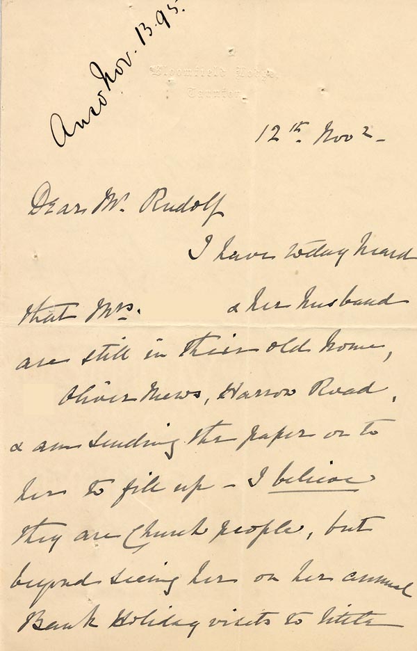 Large size image of Case 1294 7. Letter from Mrs Bere to Revd Edward Rudolf  12 November 1895
 page 1