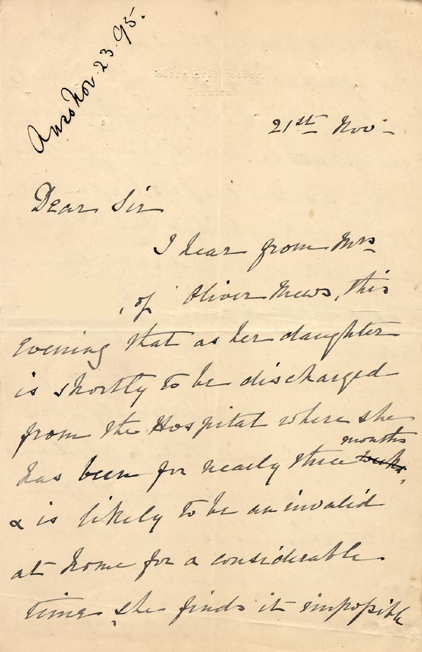 Large size image of Case 1294 9. Letter from Mrs Bere to Revd Edward Rudolf  21 November 1895
 page 1