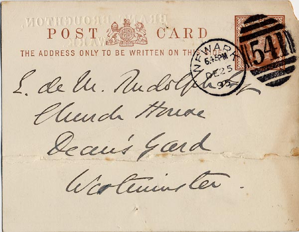 Large size image of Case 1294 13. Postcard from Revd Salton to Revd Edward Rudolf  24 December 1895
 page 1