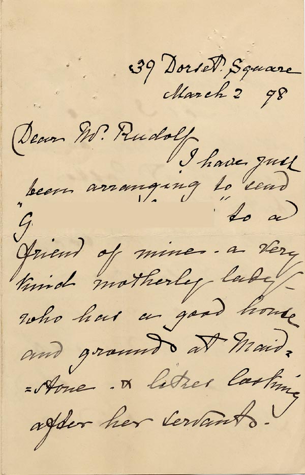 Large size image of Case 1294 17. Letter from E.E. Maingay, Hon. Sec. to Revd Edward Rudolf  2 March 1898
 page 1