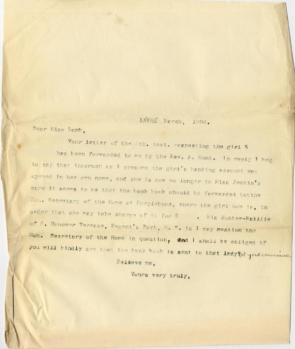 Large size image of Case 1294 27. Letter from Revd Edward Rudolf to Miss Lamb, Guildford Home  13 March 1900
 page 1