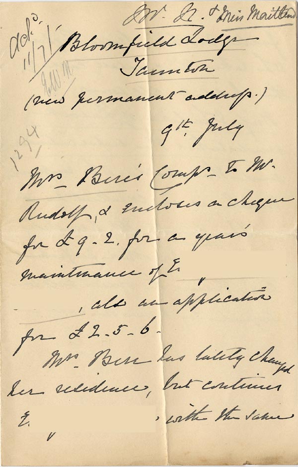 Large size image of Case 1294 28. Letter from Mrs Bere to Revd Edward Rudolf  9 July 1900
 page 1