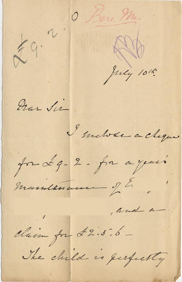 Large size image of Case 1294 29. Letter from Mrs Bere to Revd Edward Rudolf  10 July 1900
 page 1