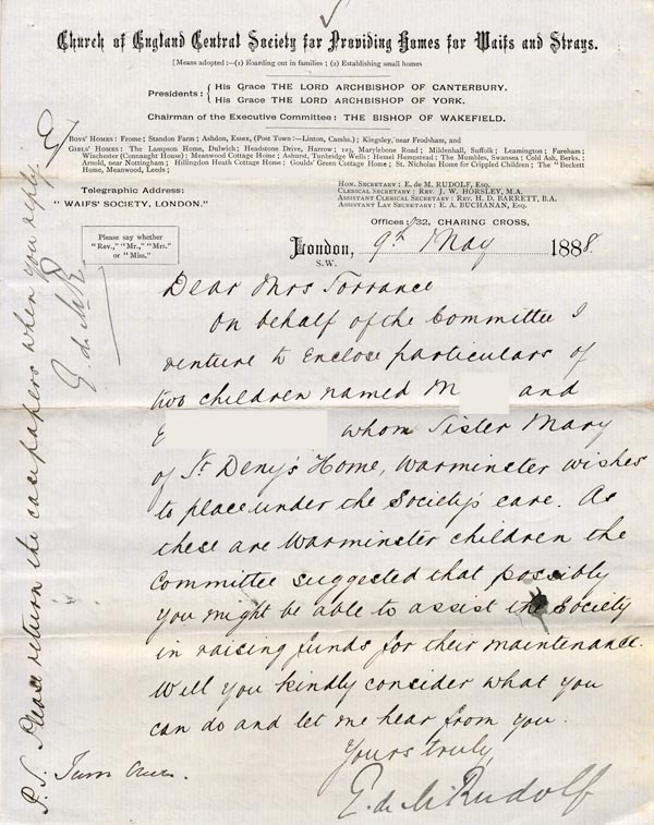 Large size image of Case 1372 2. Letter from Revd Edward Rudolf to Mrs Torrance 9 May 1888
 page 1