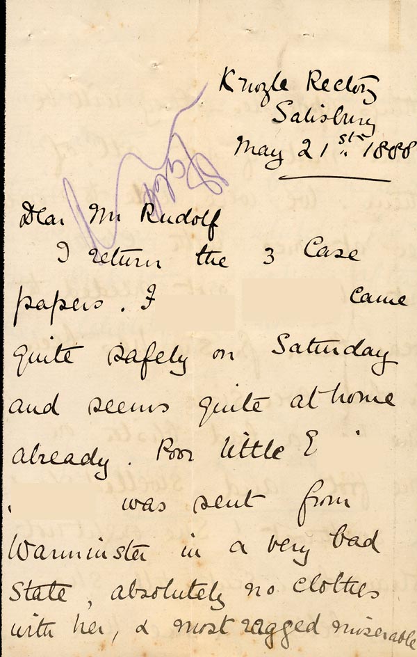 Large size image of Case 1372 6. Letter from Knoyle Cottage 21 May 1888
 page 1