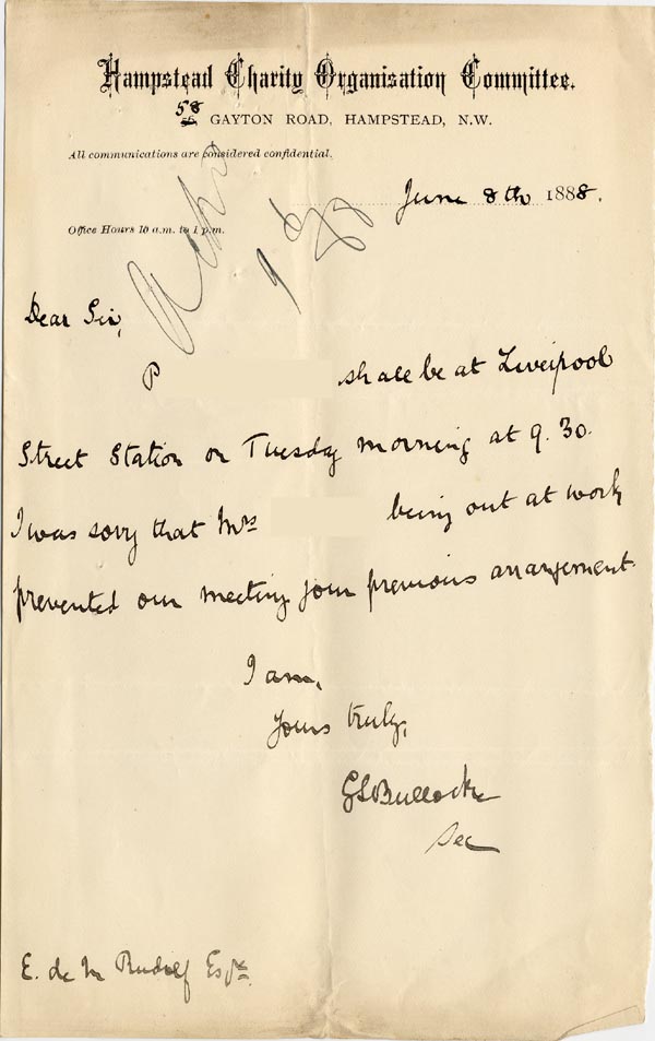 Large size image of Case 1399 4. Letter from the Hampstead Charity Organisation Committee 8 June 1888
 page 1