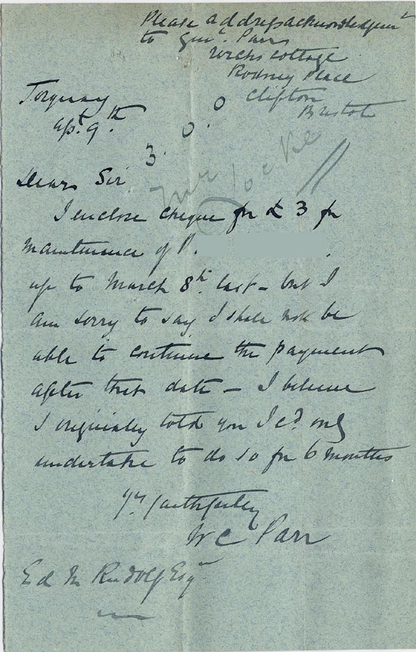 Large size image of Case 1399 8. Letter to Revd Edward Rudolf from W.C. Pan c. 9 January 1889
 page 1