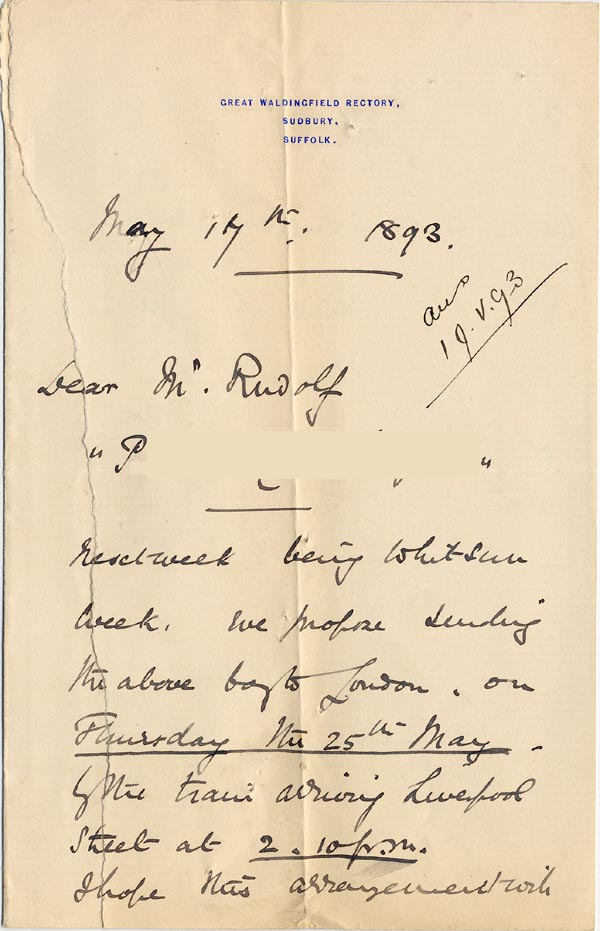 Large size image of Case 1399 12. Letter from the Great Waldingfield Rectory 17 May 1893
 page 1
