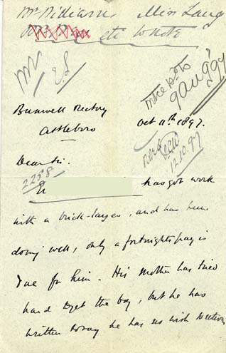 Large size image of Case 2258 13. Letter from Bunwell Rectory 11 October 1897
 page 1