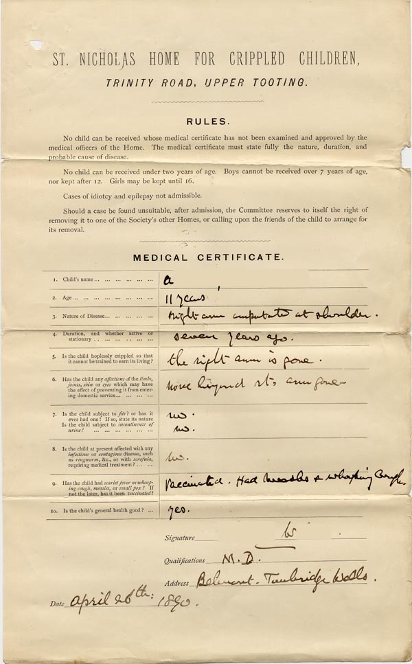 Large size image of Case 2434 5. Medical Certificate signed by Dr W. 26 April 1890
 page 1