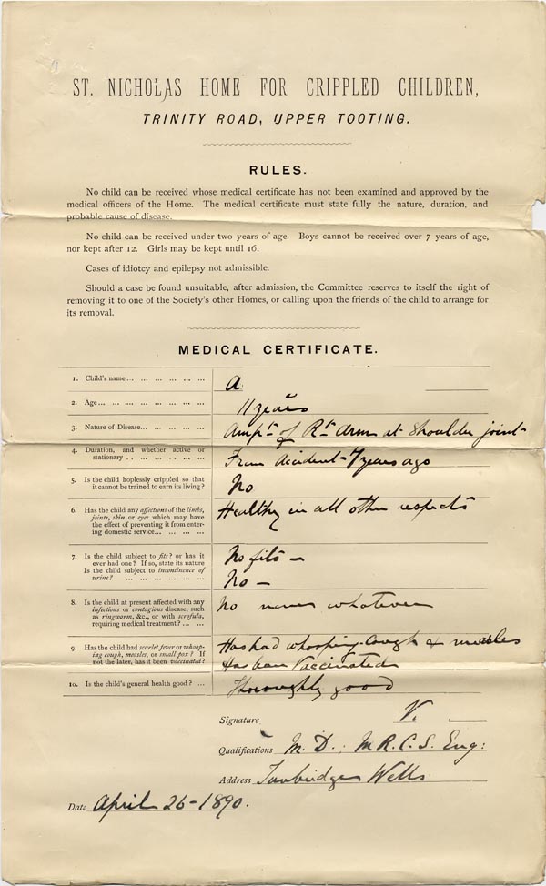 Large size image of Case 2434 6. Medical Certificate signed by Dr V. 26 April 1890
 page 1