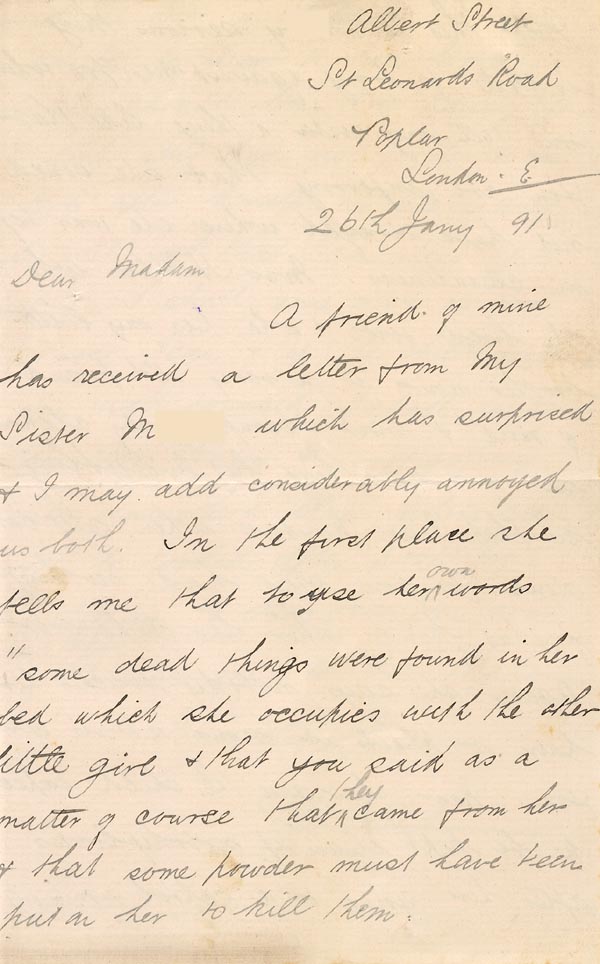 Large size image of Case 2716 5. Letter from M's brother to Mrs Worsley, The Grange 26 January 1891
 page 1