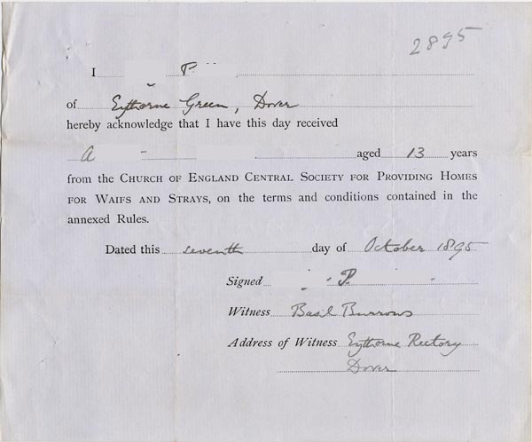 Large size image of Case 2835 5. Receipt of A. by the Foster Parent 7 October 1895
 page 1