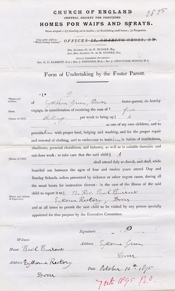 Large size image of Case 2835 6. Form of Undertaking by the Foster Parent 10 October 1895
 page 1