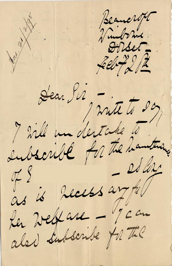 Large size image of Case 3271 4. Letter from Miss Lees to Edward Rudolf  28 February 1895
 page 1