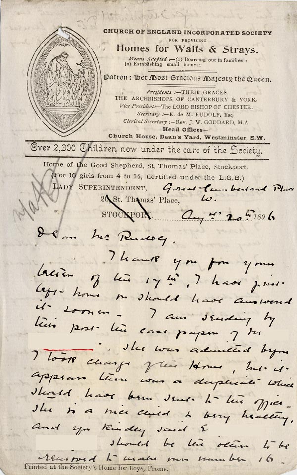 Large size image of Case 3271 7. Letter from Home of the Good Shepherd to Edward Rudolf  20 August 1896
 page 1