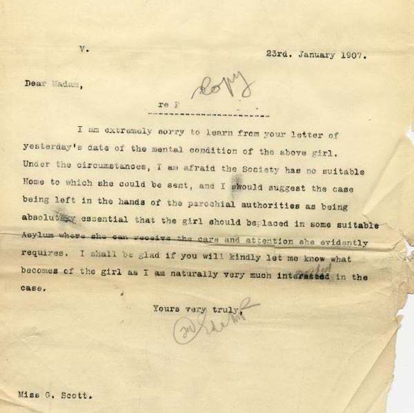 Large size image of Case 3271 13. Copy of letter from Edward Rudolf to F's employer, Miss G. Scott  23 January 1907
 page 1