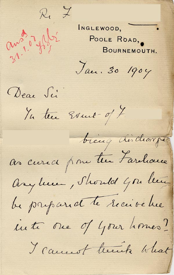Large size image of Case 3271 14. Letter from F's employer, Miss G. Scott to Edward Rudolf  30 January 1907
 page 1