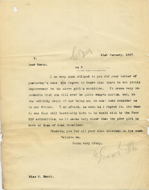 Large size image of Case 3271 15. Copy of letter from Edward Rudolf to F's employer, Miss G. Scott  31 January 1907
 page 1