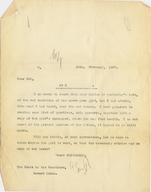 Large size image of Case 3271 17. Copy of letter from Edward Rudolf to Havant Union  16 February 1907
 page 1