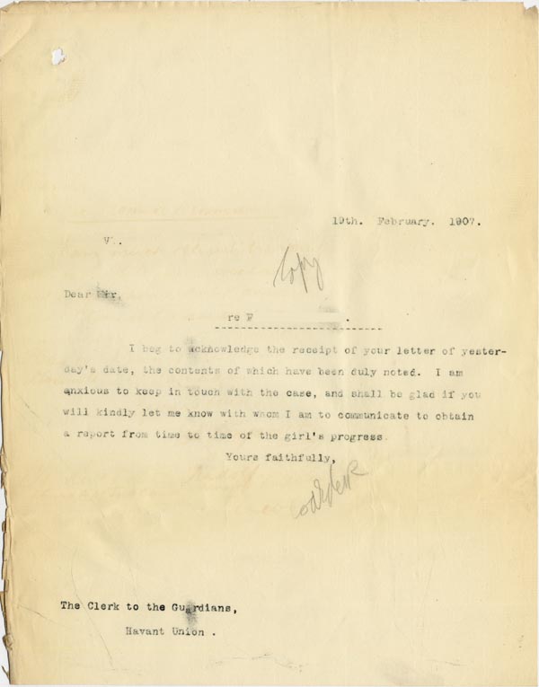 Large size image of Case 3271 19. Copy of letter from Edward Rudolf to Havant Union  19 February 1907
 page 1