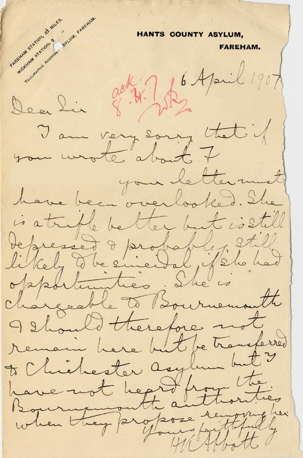 Large size image of Case 3271 21. Letter from Hants County Asylum to Edward Rudolf  6 April 1907
 page 1