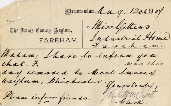 Large size image of Case 3271 23. Memorandum from Hants County Asylum to Miss Gittens, Industrial Home, Fareham  12 August 1907
 page 1