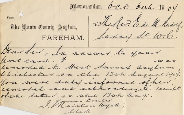 Large size image of Case 3271 26. Memorandum from Hants County Asylum to Edward Rudolf  6 October 1907
 page 1