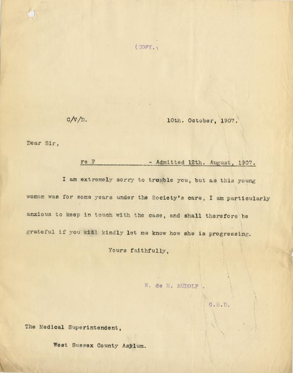 Large size image of Case 3271 27. Copy of letter from Edward Rudolf to West Sussex County Asylum  10 October 1907
 page 1