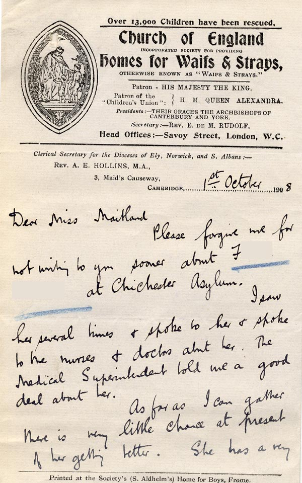 Large size image of Case 3271 29. Letter from Revd Hollins to Miss Maitland  1 October 1908
 page 1