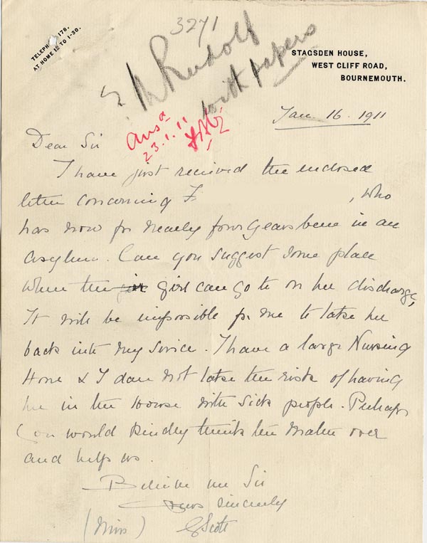 Large size image of Case 3271 35. Letter from F's employer, Miss G. Scott to Edward Rudolf  16 January 1911
 page 1
