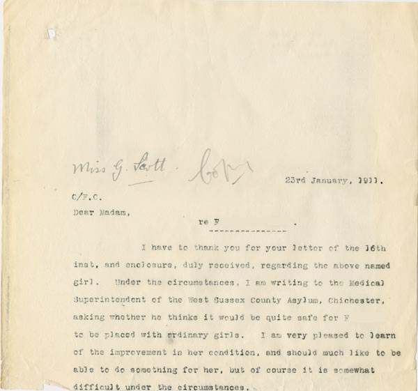 Large size image of Case 3271 36. Copy of letter from Edward Rudolf to F's employer, Miss G. Scott  23 January 1911
 page 1