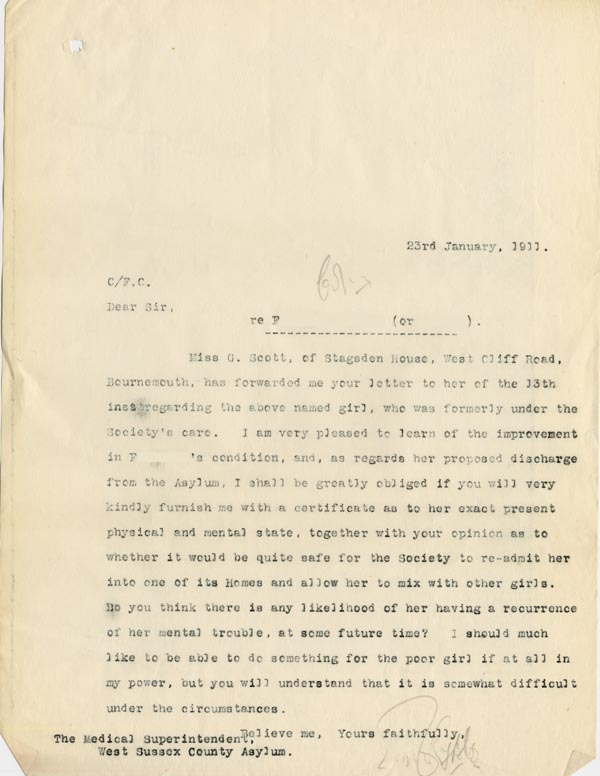 Large size image of Case 3271 37. Copy of letter from Edward Rudolf to West Sussex County Asylum  23 January 1911
 page 1