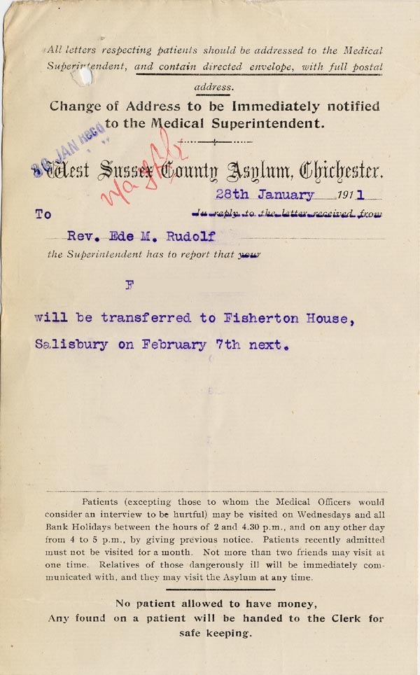 Large size image of Case 3271 39. Letter from West Sussex County Asylum to Edward Rudolf  28 January 1911
 page 1