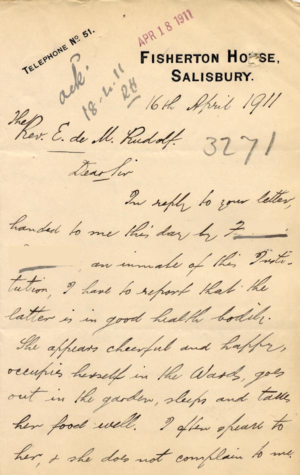 Large size image of Case 3271 40. Letter from Fisherton House Asylum, Salisbury to Edward Rudolf  16 April 1911
 page 1
