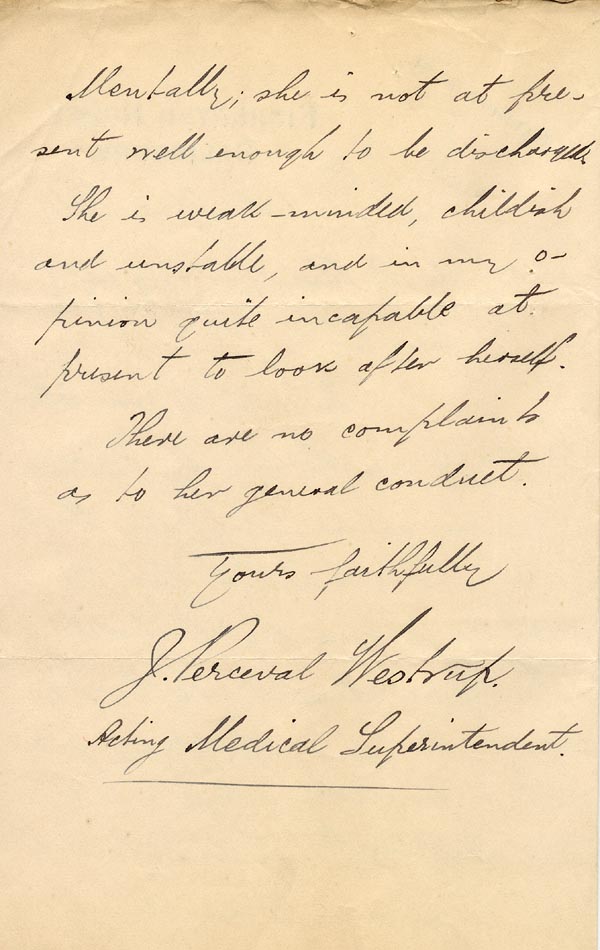 Large size image of Case 3271 40. Letter from Fisherton House Asylum, Salisbury to Edward Rudolf  16 April 1911
 page 2