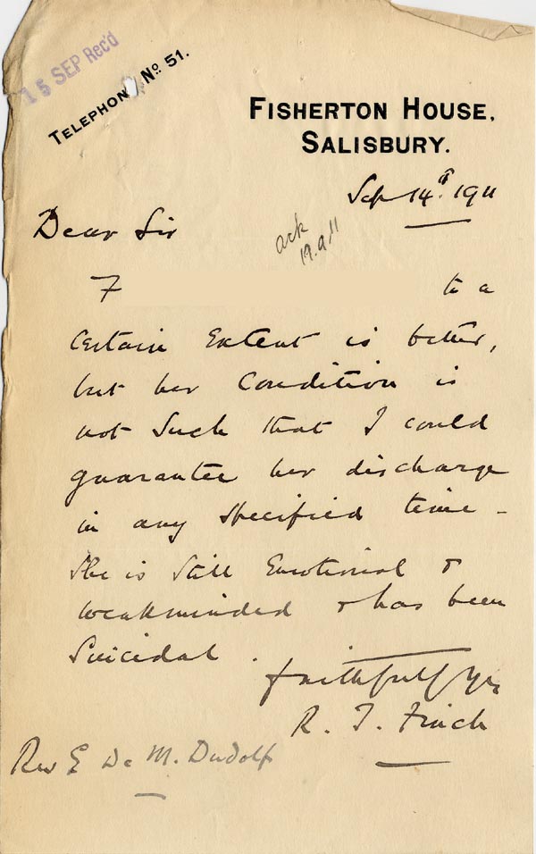 Large size image of Case 3271 41. Letter from Fisherton House Asylum, Salisbury to Edward Rudolf  14 September 1911
 page 1