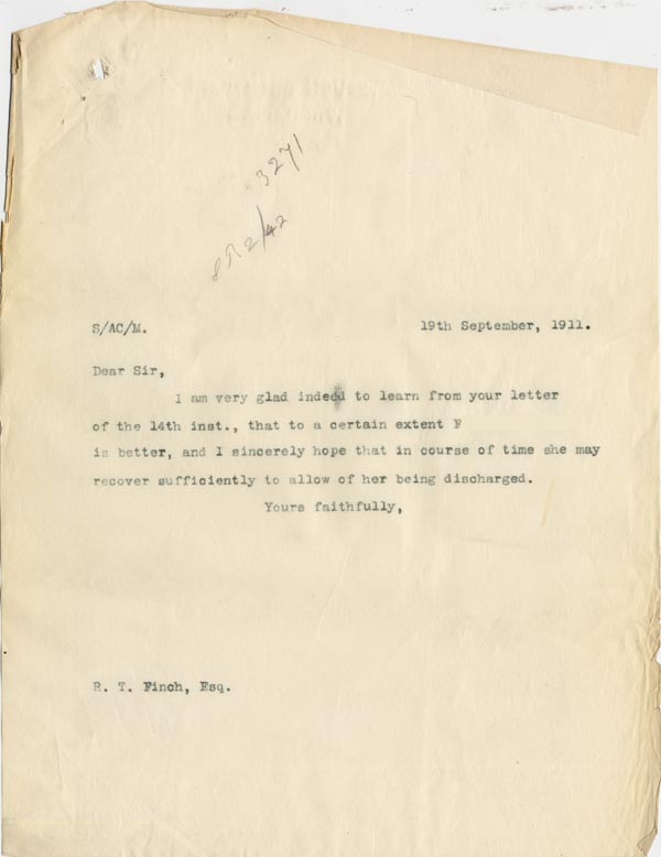 Large size image of Case 3271 42. Copy of letter from Edward Rudolf to Fisherton House Asylum  19 September 1911
 page 1