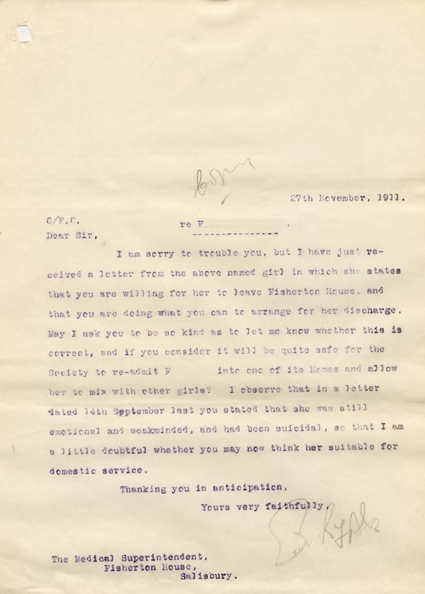 Large size image of Case 3271 44. Copy of letter from Edward Rudolf to Fisherton House Asylum  27 November 1911   
 page 1