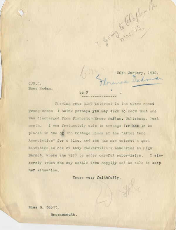 Large size image of Case 3271 49. Copy of letter from Edward Rudolf to F's employer, Miss G. Scott  20 January 1912
 page 1