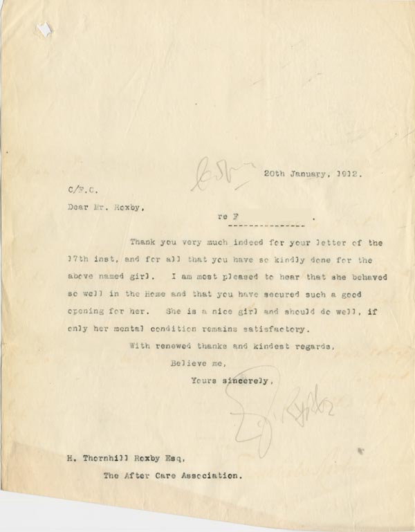 Large size image of Case 3271 50. Copy of letter from Edward Rudolf to Mr Roxby, The After Care Association  20 January 1912
 page 1