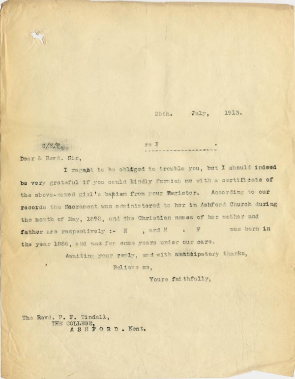 Large size image of Case 3271 51. Copy of letter from Edward Rudolf to Revd Tindall concerning F's baptism  25 July 1913
 page 1