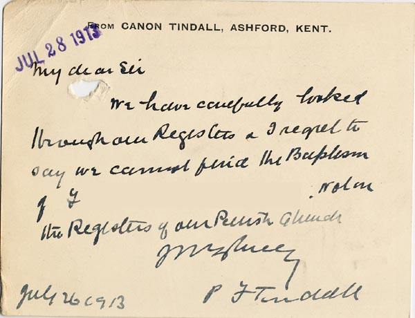 Large size image of Case 3271 52. Letter from Revd Tindall to Edward Rudolf concerning F's baptism  26 July 1913
 page 1