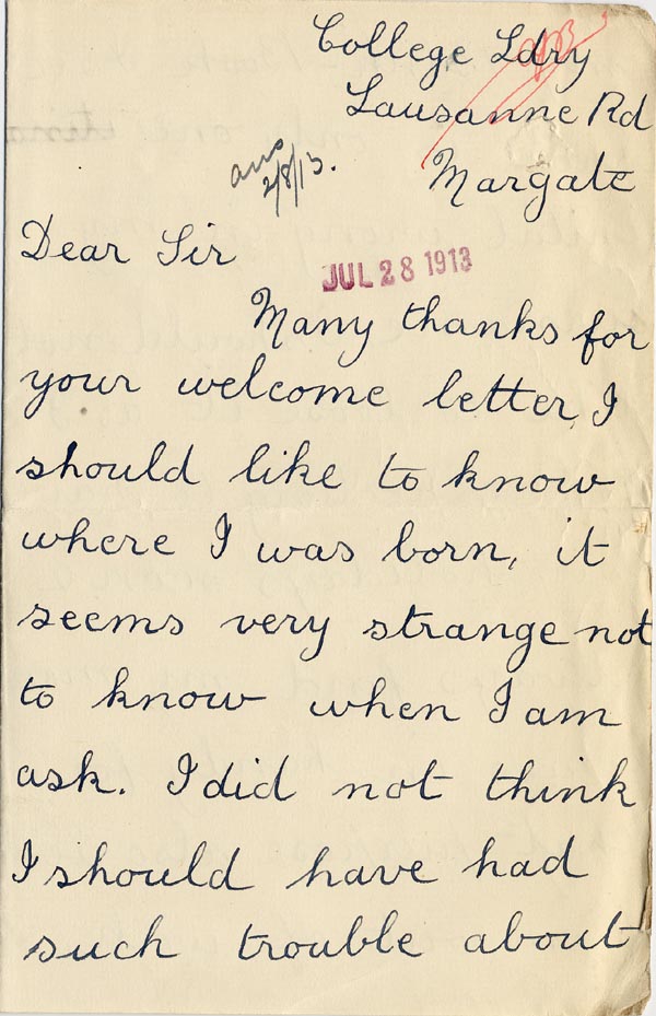 Large size image of Case 3271 53. Letter from F. to Edward Rudolf  28 July 1913
 page 1