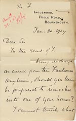 Image of Case 3271 14. Letter from F's employer, Miss G. Scott to Edward Rudolf  30 January 1907
 page 1